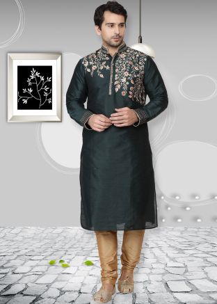Green Dupion Silk Readymade Kurta Churidar
