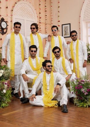 Groomsmen Cream Kurta Pajama In Art Silk