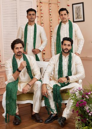 Groomsmen Cream Kurta Pajama In Art Silk