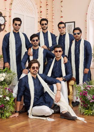 Groomsmen Blue Men Kurta Pajama In Art Silk
