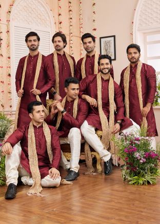 Groomsmen Maroon Mens Art Silk Kurta Pajama