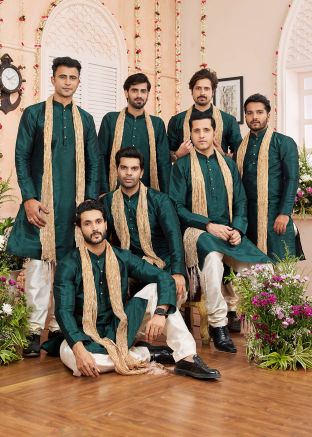 Groomsmen Green Art Silk Men Kurta Pajama