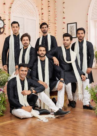 Groomsmen Black Men Kurta Pajama In Art Silk