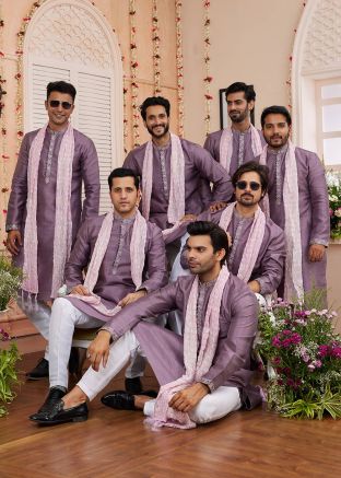 Groomsmen Purple Embroidered Men Kurta Pajama