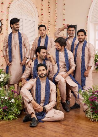 Groomsmen Peach Sequins Work Men Kurta Pajama