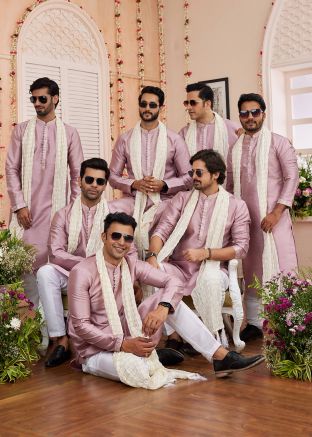 Groomsmen Purple Embroidered Men Kurta Pajama