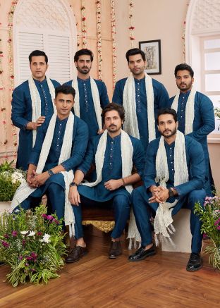Groomsmen Blue Embroidered Men Kurta Pajama 