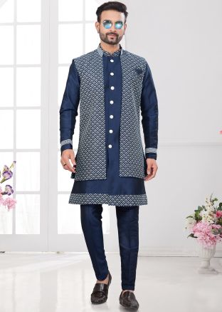 Blue Embroidered Indo Western Sherwani