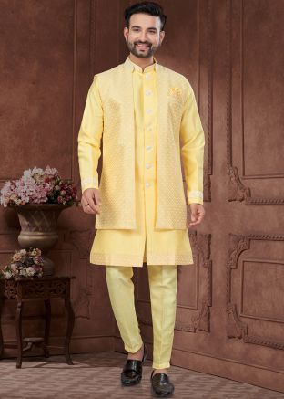 Yellow Sequin Work Indo Western Sherwani Set