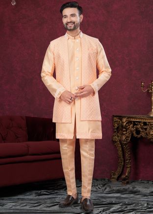 Peach Embroidered Men Indo Western Sherwani Set