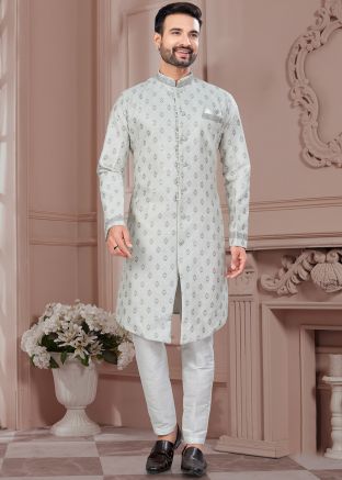 Grey Woven Men Indo Western Sherwani Set