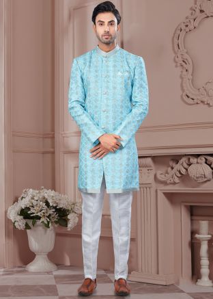 Blue Embroidered Indo Western Sherwani