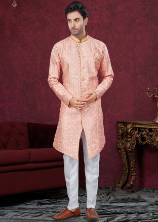 Peach Embroidered Indo Western Sherwani Set