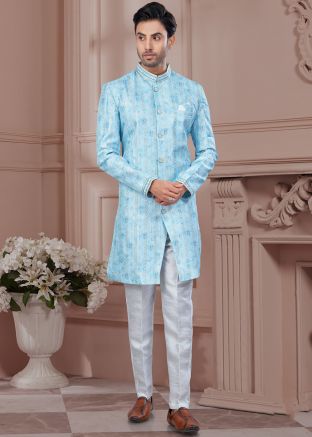Blue Embroidered Indo Western Sherwani Set