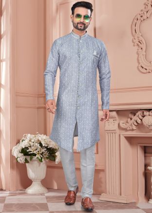 Grey Embroidered Indo Western Sherwani Set