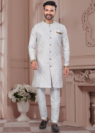 Grey Woven Work Indo-Western Sherwani Set