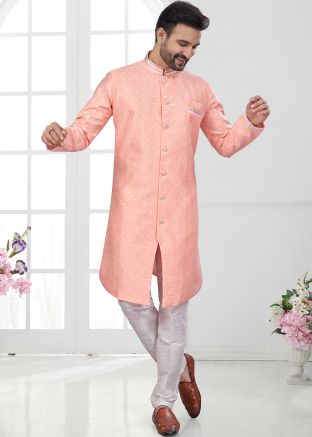 Peach Woven Indo Western Sherwani Set