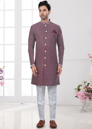 Wine Embroidered Indo Western Sherwani Set