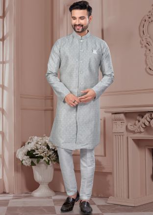 Grey Woven Indo Western Sherwani Set