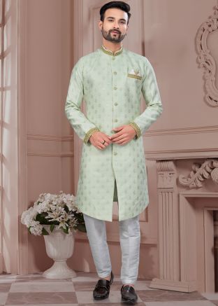 Green Indo Western Sherwani In Woven Work