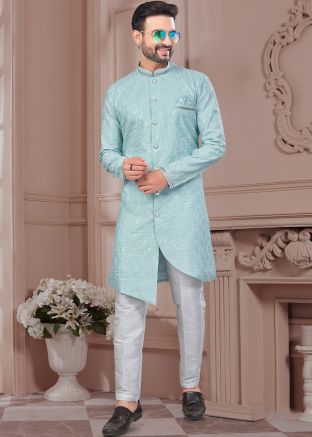 Blue Embroidered Indo Western Sherwani Set