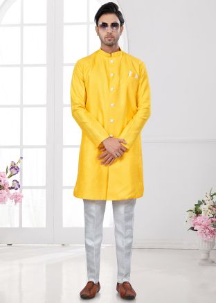 Yellow Embroidered Indo Western Sherwani Set