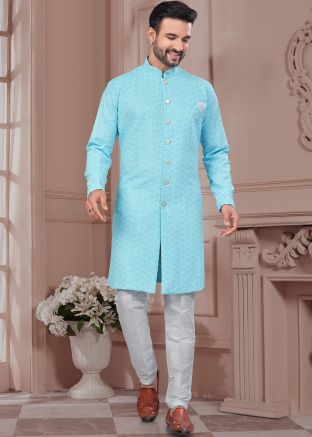 Blue Embroidered Indo Western Sherwani