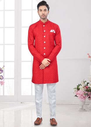 Red Embroidered Indo Western Sherwani