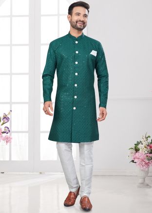 Teal Green Embroidered Indo Western Sherwani Set