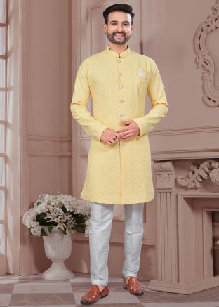 Yellow Embroidered Indo Western Sherwani Set