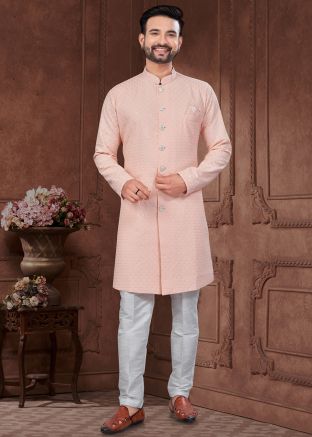 Peach Embroidered Indo Western Sherwani Set