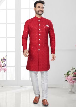 Red Embroidered Indo Western Sherwani In Rayon