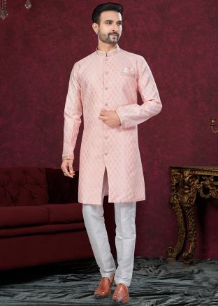 Pink Woven Indo Western Sherwani Set