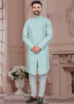 Blue Woven Indo Western Sherwani In Jacquard
