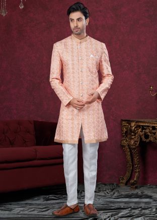 Peach Sequins Work Indo Western Sherwani Set