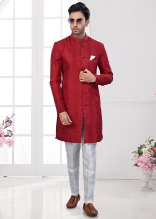 Red Embroidered Indo Western Sherwani In Art Silk