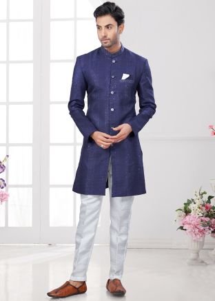 Blue Sequins Work Indo Western Sherwani Set
