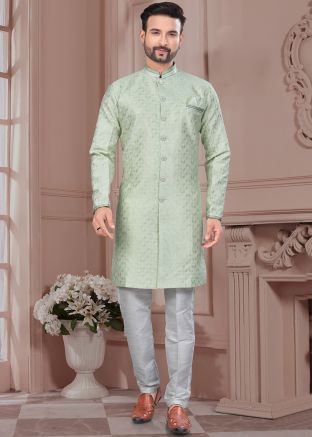 Green Woven Indo Western Sherwani Set