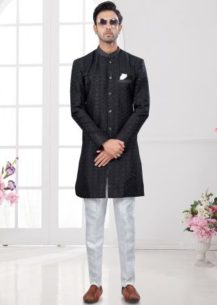 Black Embroidered Indo Western Sherwani Set
