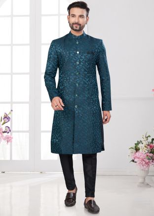 Blue Woven Indo Western Sherwani In Jacquard