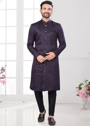 Purple Woven Indo Western Sherwani In Jacquard