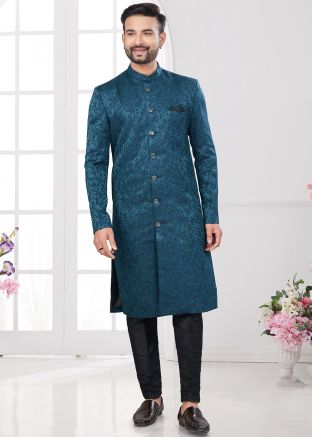 Blue Woven Indo Western Sherwani In Jacquard