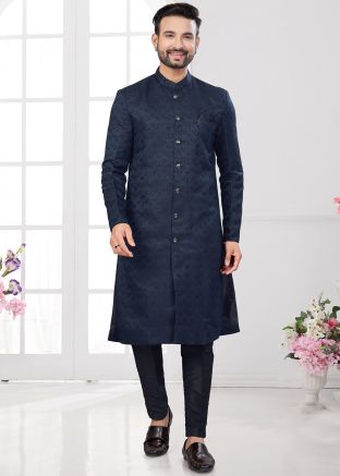 Blue Indo Western Sherwani In Woven Work