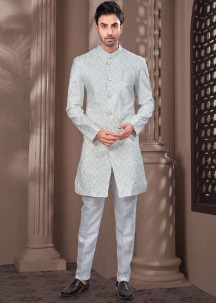 Grey Embroidered Indo Western Sherwani Set