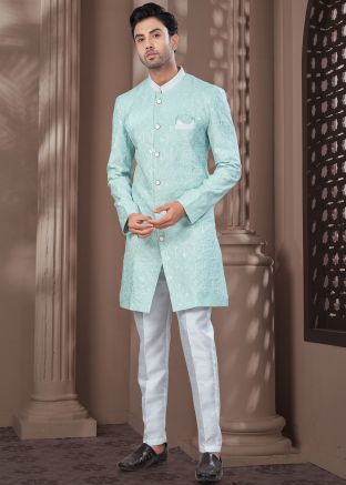 Blue Embroidered Men Indo Western Sherwani Set