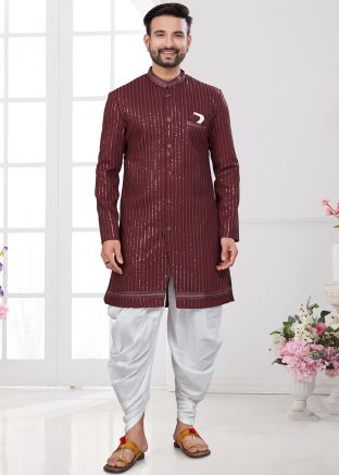 Maroon Embroidered Dhoti With Sherwani Set