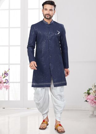 Blue Embroidered Dhoti With Sherwani Set