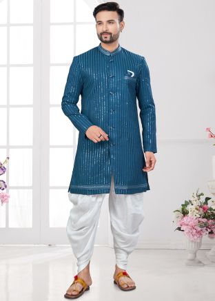 Blue Embroidered Dhoti With Sherwani Set