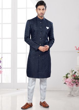 Blue Woven Indo Western Sherwani In Jacquard