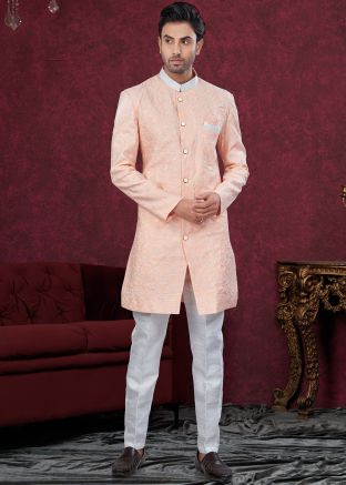 Peach Embroidered Indo Western Sherwani Set